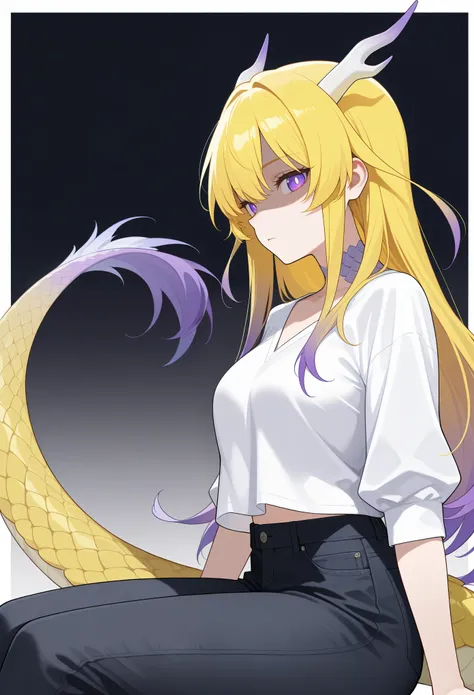 masterpiece, best quality, amazing quality, safe, from side, 1girl, dragon girl, aged up, sitting, looking at viewer, shaded face, (ligth yellow hair), purple highlights, long hair, purple eyes, white pupils, scales, medium breasts, dragon horns, light yel...