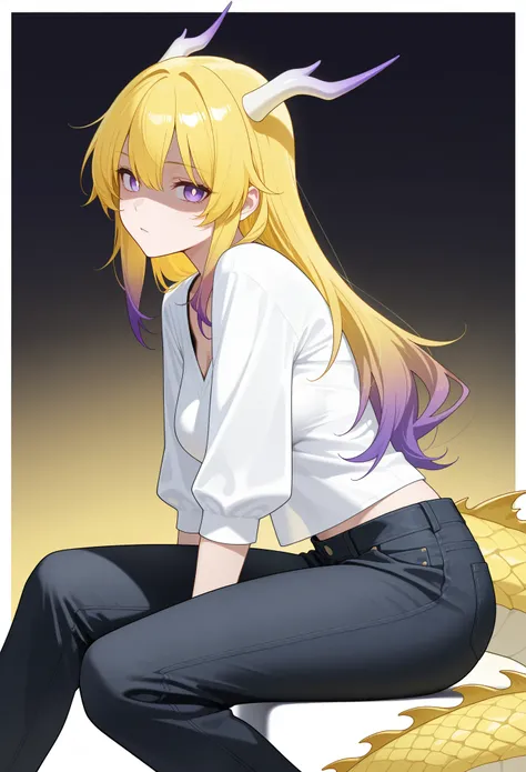 masterpiece, best quality, amazing quality, safe, from side, 1girl, dragon girl, aged up, sitting, looking at viewer, shaded face, (ligth yellow hair), purple highlights, long hair, purple eyes, white pupils, scales, medium breasts, dragon horns, light yel...