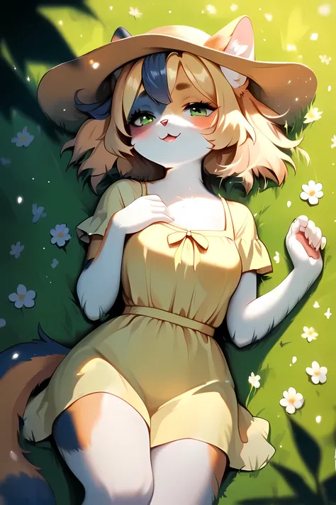 score_9, score_8_up, score_7_up, source_furry, (beautiful, detailed background, very aesthetic, digital artwork, digital art, well shaded artwork, depth)1.2, anime - style image of a woman furry, calico cat furry, yellow sundress and yellow hat, short hair...