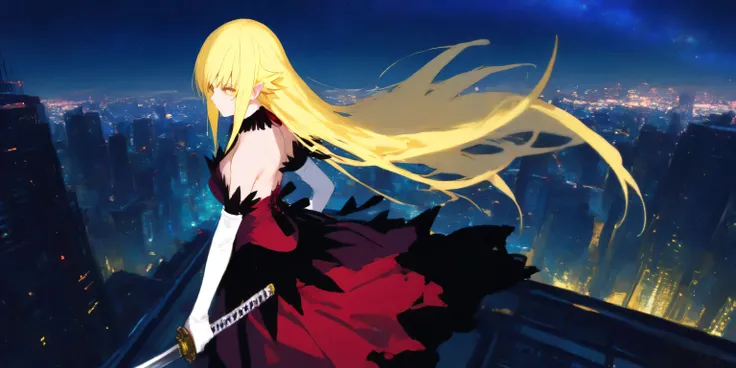 Create a highly detailed, anime-style illustration of Kiss-shot Acerola Orion Heart Under Blade (Adult Shinobu Oshino) in her signature gothic dress with white gloves, standing on the rooftop of a skyscraper in a bustling city at night. She is holding her ...