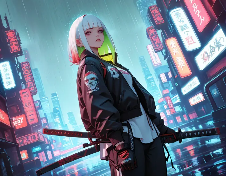 1 girl,cyberpunk,mask, full color hair,(streetwear:1.3), Yakuza jacket, gloves,cyborg,(low view), dynamic angle,rain, looking at sky,hazy cityscape, Sharp focus, dynamic angle,HD,(detailed face and eyes), katana, ancient katana, looking at viewer,score_9,s...