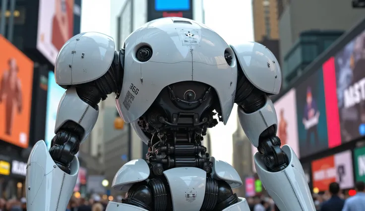 A super advanced, super white, Bi-pedal, Military Robot with lots of wires, glass, bolts, nuts, microchips and lots of manufacturer decals in the middle of times square New-York city at noon time. Add lots of surface details and surface imperfections. Inc...