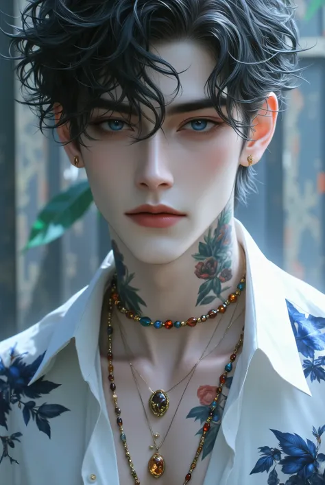 detailed body, detailed face, detailed hair, wavy light-brown hair, (stubble:0.5) shallow depth of field, realistic anime, bokeh, lifelike anime man, A stunning androgynous young man, short wavy dark hair, piercing blue eyes, delicate facial features, his ...
