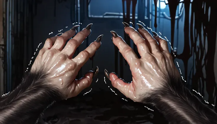 Pov, looking at own body, Werewolf transformation, body, morfing, paw:1.3, claws, fur, shaking:1.1, sweating, thick fingers, deep night, ((darkness, dramatic moonlight, night)), abandoned jail, ((Ultra-detailed, Realistic, realistic:1.37), 4k, 8k, RAW, HDR...