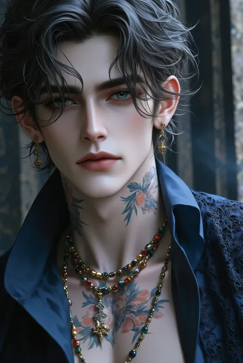 detailed body, detailed face, detailed hair, wavy light-brown hair, (stubble:0.5) shallow depth of field, realistic anime, bokeh, lifelike anime man, A stunning androgynous young man, short wavy dark hair, piercing blue eyes, delicate facial features, his ...