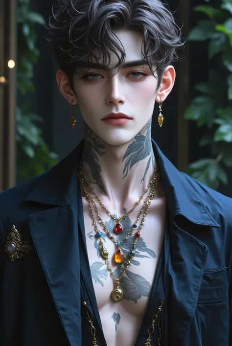 detailed body, detailed face, detailed hair, wavy light-brown hair, (stubble:0.5) shallow depth of field, realistic anime, bokeh, lifelike anime man, A stunning androgynous young man, short wavy dark hair, piercing blue eyes, delicate facial features, his ...