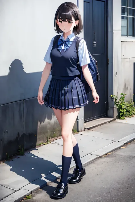 female 1 person, young woman, walk, school uniform, Dark blue vest, white blouse, rolled up sleeve, Plaid Pleated Skirt, LONG DARK SOCKS, Black shoes, DARK BLUE BACKPACK WITH FLOWERS, NATURAL CITY STREET ENVIRONMENT, casual vibe , Outdoor Setting, dayligh...
