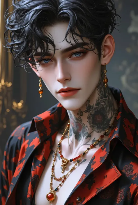 detailed body, detailed face, detailed hair, wavy light-brown hair, (stubble:0.5) shallow depth of field, realistic anime, bokeh, lifelike anime man, A stunning androgynous young man, short wavy dark hair, piercing blue eyes, delicate facial features, his ...