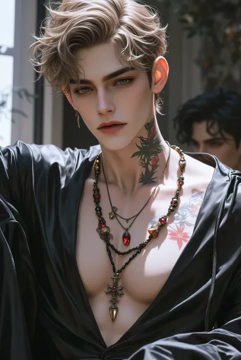 detailed body, detailed face, detailed hair, wavy light-brown hair, (stubble:0.5) shallow depth of field, realistic anime, bokeh, lifelike anime man, A stunning androgynous young man, short wavy dark hair, piercing blue eyes, delicate facial features, his ...