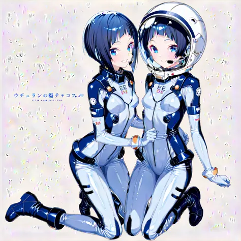 (masterpiece、Top Quality、highest resolution from vagina、 Clear Images 、 Detailed Details )：(full body、20 year old girl、the face of Japan、Xiaoyan、 Slim、 dark blue super short bob cut hair 、(Hidden small breasts:1.3)、 Sparkling Blue Eyes 、white and navy blue...