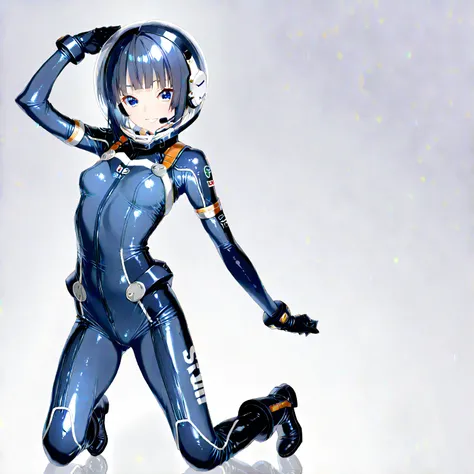 (masterpiece、Top Quality、highest resolution from vagina、 Clear Images 、 Detailed Details )：(full body、20 year old girl、the face of Japan、Xiaoyan、 Slim、 dark blue super short bob cut hair 、(Hidden small breasts:1.3)、 Sparkling Blue Eyes 、white and navy blue...