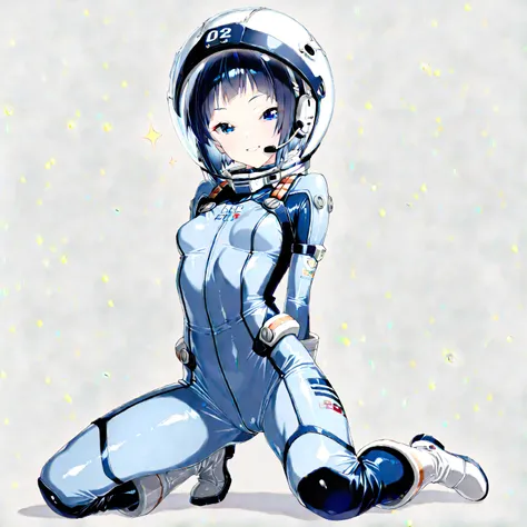 (masterpiece、Top Quality、highest resolution from vagina、 Clear Images 、 Detailed Details )：(full body、20 year old girl、the face of Japan、Xiaoyan、 Slim、 dark blue super short bob cut hair 、(Hidden small breasts:1.3)、 Sparkling Blue Eyes 、white and navy blue...