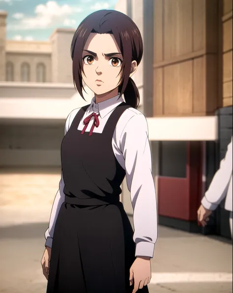 (cowboy shot), sfw,  (masterpiece), (best quality:1.0), (ultra highres:1.0), detailed eyes
BREAK
GabiAOT, looking at viewer, 1girl, brown eyes, low ponytail
black apron, white shirt, long sleeves, ribbon, red ribbon
BREAK
(busy street, people walking in ba...