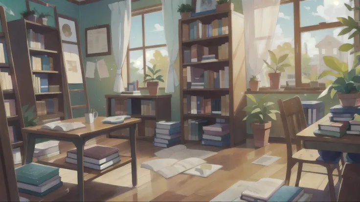 School library book shelves,  CARS IN THE MORNING, windows,  pot plant,  group of students, wooden floor, anime style,  