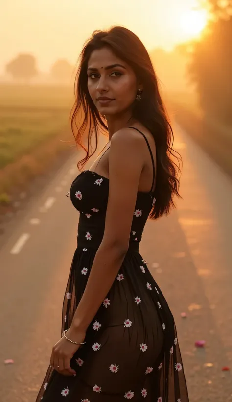 Full body,shows pointed toes, gorgeous young woman, 27-year-old Indian, dusty highway, flowers in wind, fog, haze, Wearing a nice dress, black color dress, dripping, hot girl, seethrough, clevage, rose petals, beautiful face, sunlight, outdoors, covered in...