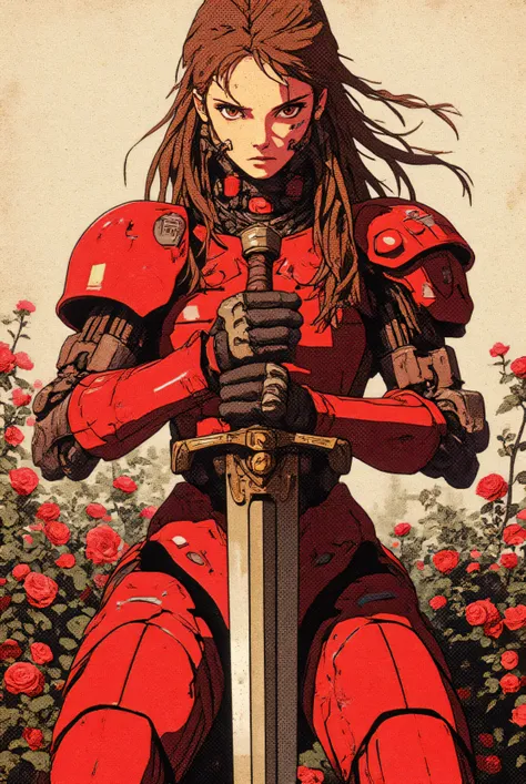 High-quality, detailed oil painting, analog vintage photography style. (Detailed image). A beautiful warrior with an attractive red cyberpunk exoskeleton and cybernetic enhancements. Her arms rest on an old futuristic blunt-edged sword stuck in the ground....