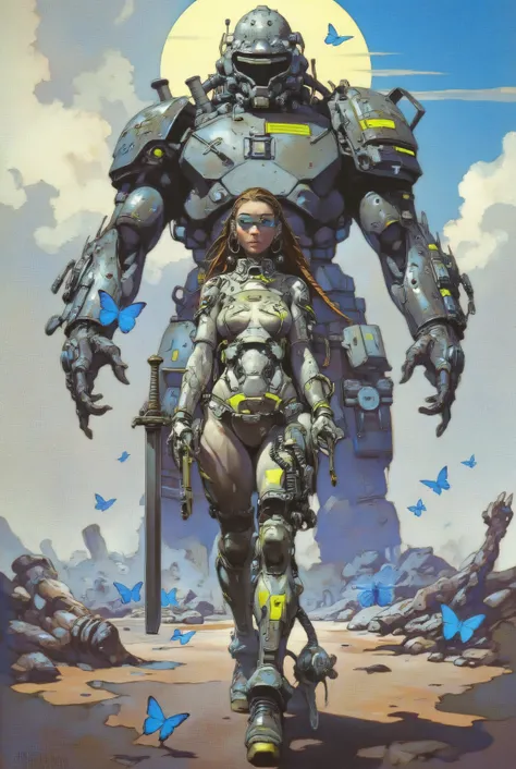 High-quality detailed oil painting, analog vintage photography style. (Detailed image). A beautiful warrior wearing futuristic cyberpunk medieval armor with a neon accent. In her right hand, she holds an old futuristic blunt-edged sword. Her brown hair, st...