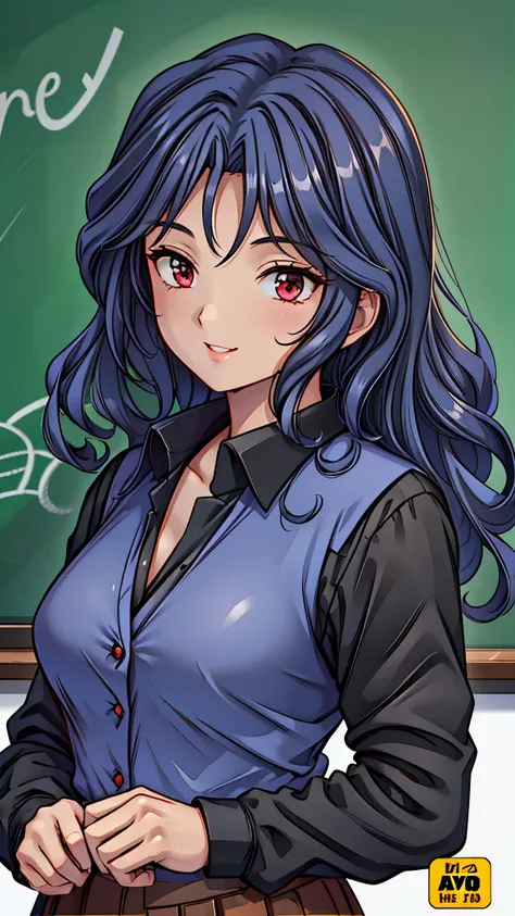 (super quality,super high resolution,16k,Super Masterpiece,Ultra HD ,detailed shading and background,)Sexy Female Teacher ,long black hair, long sleeve black shirt,The Valley of the Chest,cover,smile,in front of the blackboard,
