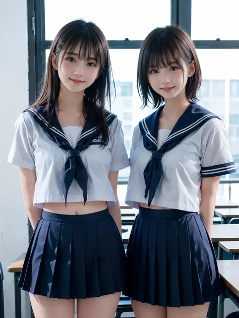 ((Two girls standing side by side)), ((sailor suit, mini skirt)), (two girls), (((The girl on the right has flat chest:1.4))), ((The girl on the left has large breasts)), (The girl on the left has short hair, The girl on the right has long hair, The girl o...