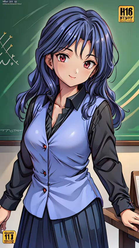 (super quality,super high resolution,16k,Super Masterpiece,Ultra HD ,detailed shading and background,)Sexy Female Teacher ,long black hair, long sleeve black shirt,The Valley of the Chest,cover,smile,in front of the blackboard,