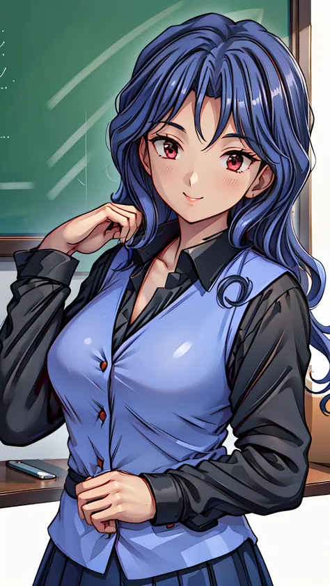 (super quality,super high resolution,16k,Super Masterpiece,Ultra HD ,detailed shading and background,)Sexy Female Teacher ,long black hair, long sleeve black shirt,The Valley of the Chest,cover,smile,in front of the blackboard,