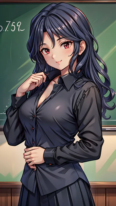 (super quality,super high resolution,16k,Super Masterpiece,Ultra HD ,detailed shading and background,)Sexy Female Teacher ,long black hair, long sleeve black shirt,The Valley of the Chest,cover,smile,in front of the blackboard,