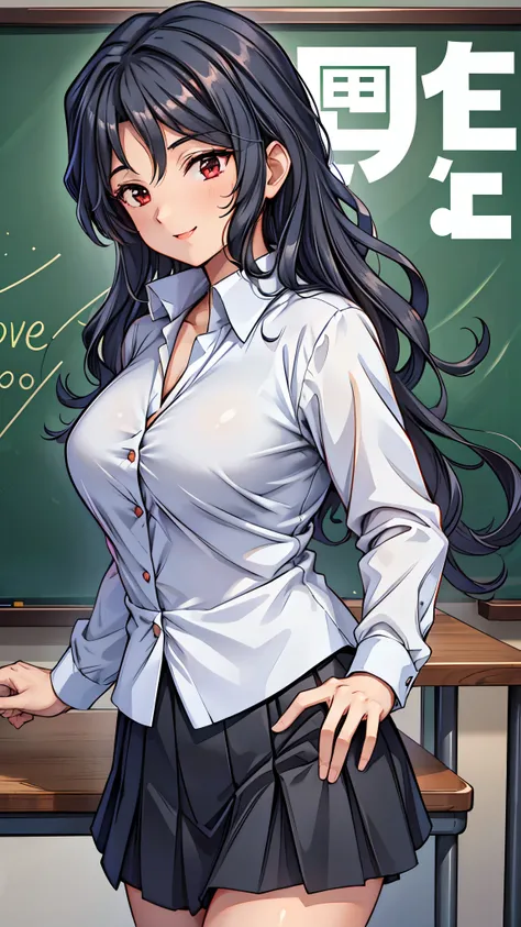 (super quality,super high resolution,16k,Super Masterpiece,Ultra HD ,detailed shading and background,)Sexy Female Teacher ,long black hair,long sleeve white shirt,The Valley of the Chest,black tight skirt,cover,smile,in front of the blackboard,