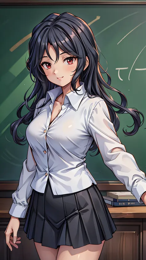 (super quality,super high resolution,16k,Super Masterpiece,Ultra HD ,detailed shading and background,)Sexy Female Teacher ,long black hair,long sleeve white shirt,The Valley of the Chest,black tight skirt,cover,smile,in front of the blackboard,