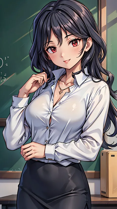 (super quality,super high resolution,16k,Super Masterpiece,Ultra HD ,detailed shading and background,)Sexy Female Teacher ,long black hair,long sleeve white shirt,The Valley of the Chest,necklace,black pencil skirt,cover,smile,in front of the blackboard,