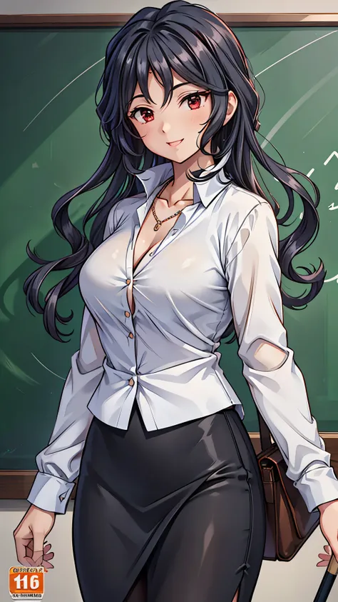 (super quality,super high resolution,16k,Super Masterpiece,Ultra HD ,detailed shading and background,)Sexy Female Teacher ,long black hair,long sleeve white shirt,The Valley of the Chest,necklace,black pencil skirt,cover,smile,in front of the blackboard,