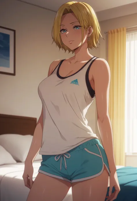 Masterpiece, 8k quality, extremely detailed, Reina Hamazaki, short hair, blonde hair, earrings, blue eyes, bedroom, medium breasts, standing, bright lighting, tank top, pajama short shorts