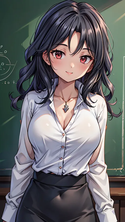 (super quality,super high resolution,16k,Super Masterpiece,Ultra HD ,detailed shading and background,) upper body shot from below,Sexy Female Teacher ,long black hair,long sleeve white shirt,The Valley of the Chest,necklace,black pencil skirt,cover,smile,i...