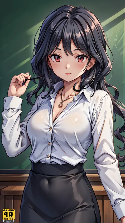 (super quality,super high resolution,16k,Super Masterpiece,Ultra HD ,detailed shading and background,) upper body shot from below,Sexy Female Teacher ,long black hair,long sleeve white shirt,The Valley of the Chest,necklace,black pencil skirt,cover,smile,i...