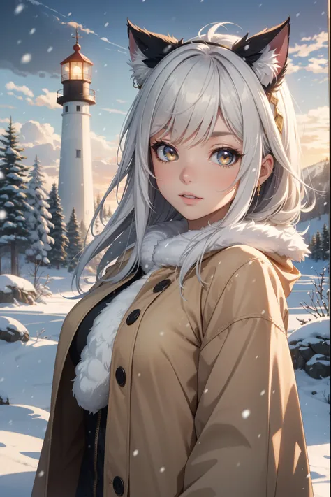 extreme quality, cg, detailed face+eyes, (bright colors), (anime), 1girl, impact, (winter), blizzard, time stop, sci fi, (tribal cat), (eskimo), animal ear fluff, fur trim, clouds, tan skin, (feather headdress), masterpiece, top tier, extravagant, 8k, unit...