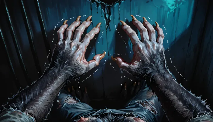 Pov, looking at own body, Werewolf:1.3, Werewolf transformation, body, morfing, paw:1.3, animal toes, grey thick fingers, claws, ((fur)), shaking:1.1, sweating, thick fingers, torn clothes, torn socks, deep night, ((darkness, dramatic moonlight, night)), a...