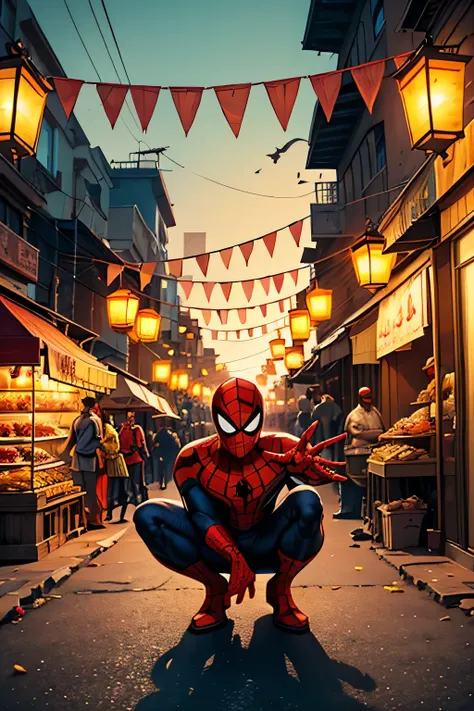 "Spider-Man (MCU Tom Holland style) crouching playfully in a vibrant Egyptian street at dusk during Ramadan, surrounded by laughing ren in traditional clothes (galabiyas and hijabs). The scene is festive—lanterns (fanoos), colorful banners, and strings of ...