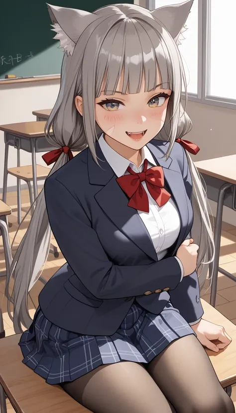 score_9, score_8_up, score_7_up, source_anime、top quality in the classroom、8k、 masterpiece、Ultra High Precision、 natural light、perfect anatomy from a shellfish、 perfect eye、beautiful eyes、one woman、medium chest、saggy breasts:1.6、Baby Face、blDnia , cat ears...