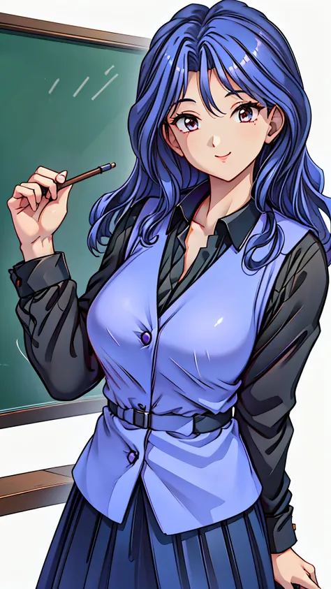 (super quality,super high resolution,16k,Super Masterpiece,Ultra HD ,detailed shading and background,)Sexy Female Teacher ,long black hair, long sleeve black shirt,Purple vest,The Valley of the Chest,cover,smile,in front of the blackboard,