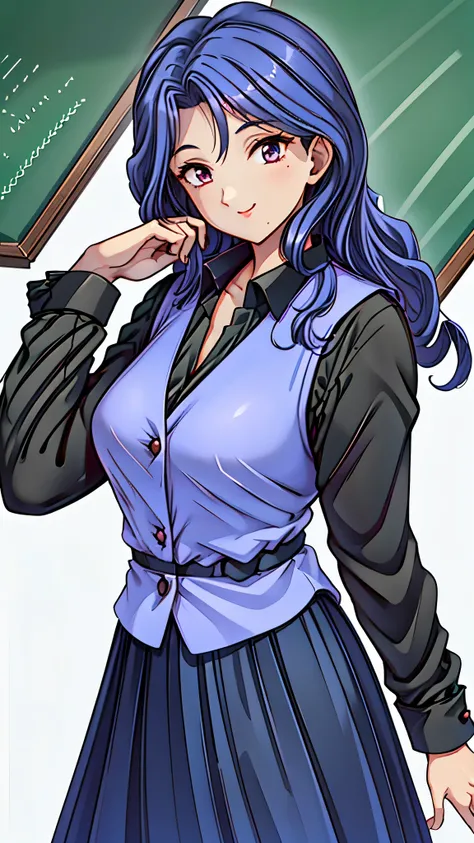 (super quality,super high resolution,16k,Super Masterpiece,Ultra HD ,detailed shading and background,)Sexy Female Teacher ,long black hair, long sleeve black shirt,Purple vest,The Valley of the Chest,cover,smile,in front of the blackboard,