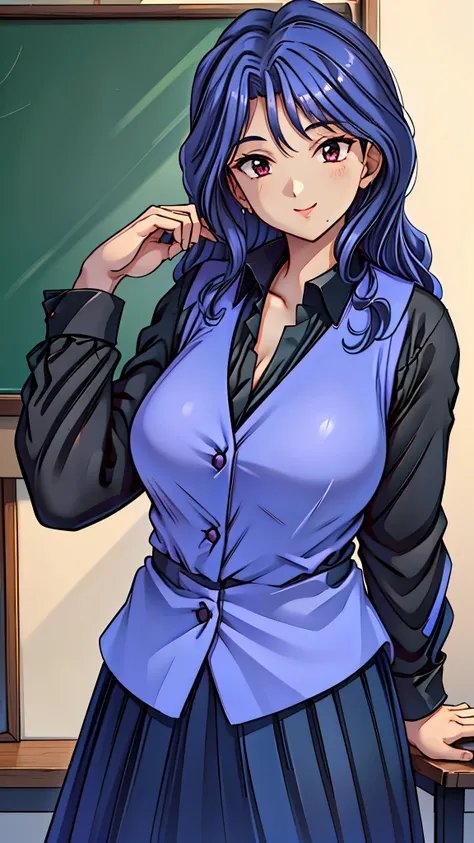 (super quality,super high resolution,16k,Super Masterpiece,Ultra HD ,detailed shading and background,)Sexy Female Teacher ,long black hair, long sleeve black shirt,Purple vest,The Valley of the Chest,cover,smile,in front of the blackboard,