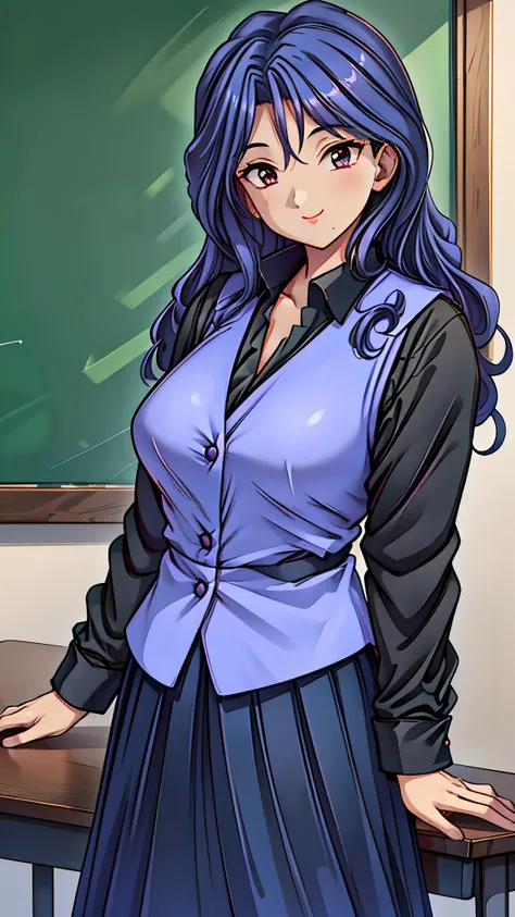 (super quality,super high resolution,16k,Super Masterpiece,Ultra HD ,detailed shading and background,)Sexy Female Teacher ,long black hair, long sleeve black shirt,Purple vest,The Valley of the Chest,cover,smile,in front of the blackboard,