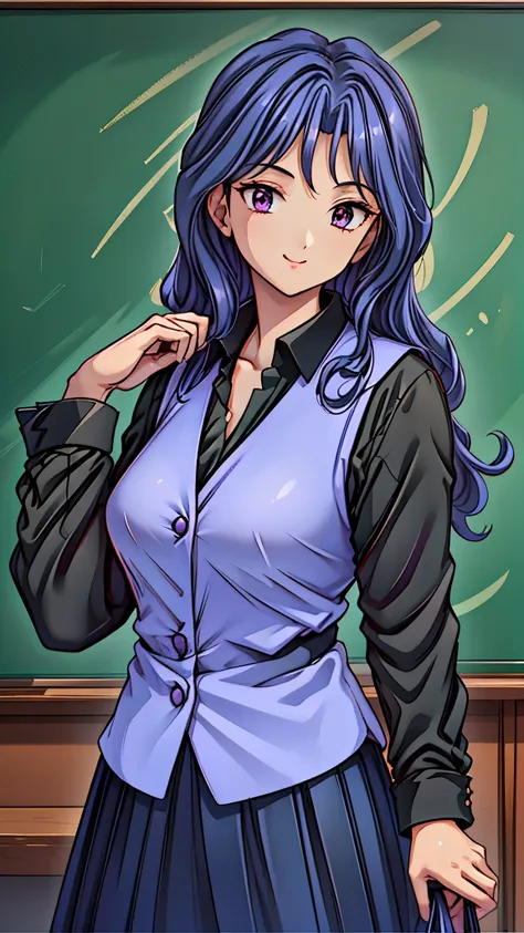 (super quality,super high resolution,16k,Super Masterpiece,Ultra HD ,detailed shading and background,)Sexy Female Teacher ,long black hair, long sleeve black shirt,Purple vest,The Valley of the Chest,cover,smile,in front of the blackboard,