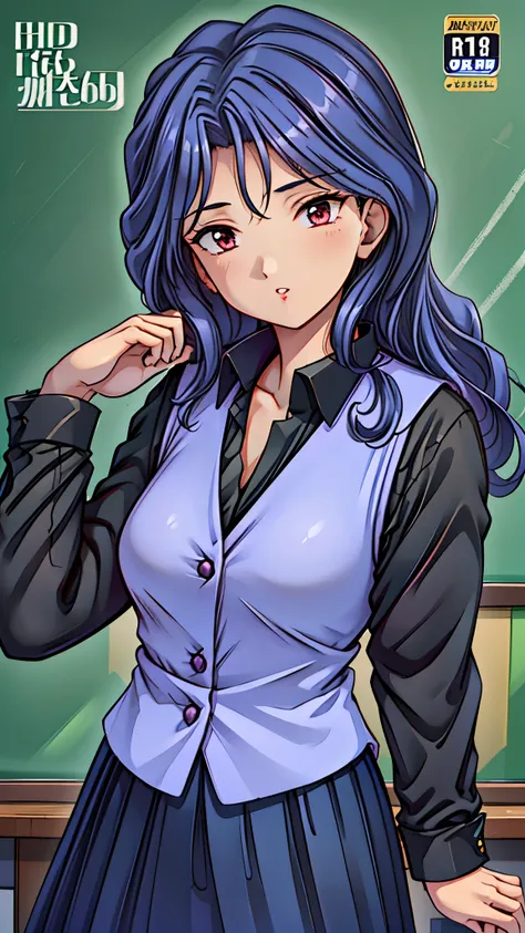 (super quality,super high resolution,16k,Super Masterpiece,Ultra HD ,detailed shading and background,)Sexy Female Teacher ,long black hair, long sleeve black shirt,Purple vest,The Valley of the Chest,cover,Open your lips a little,in front of the blackboard...