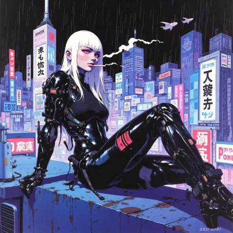 High-quality, detailed oil painting, analog vintage photography style. (Detailed image). A beautiful Japanese warrior with an sexy black cyberpunk exoskeleton and cybernetic enhancements. Neon lights adorn her exoskeleton. Her exoskeleton adapts to the con...