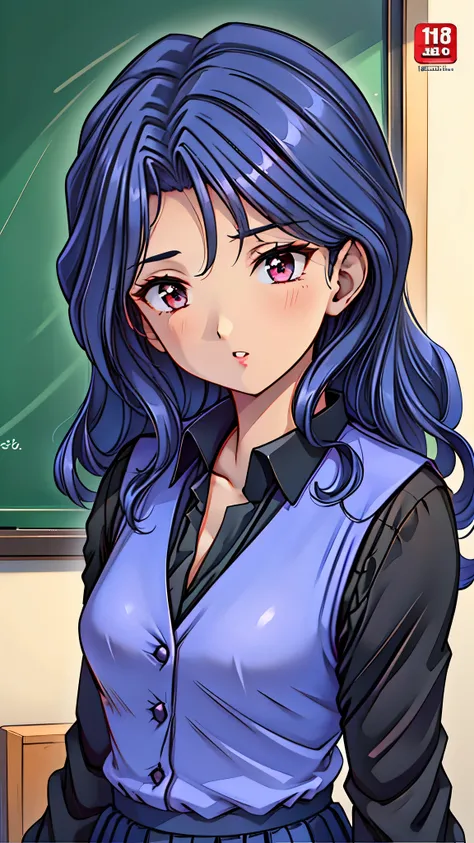 (super quality,super high resolution,16k,Super Masterpiece,Ultra HD ,detailed shading and background,)Sexy Female Teacher ,long black hair, long sleeve black shirt,Purple vest,The Valley of the Chest,cover,Open your lips a little,in front of the blackboard...
