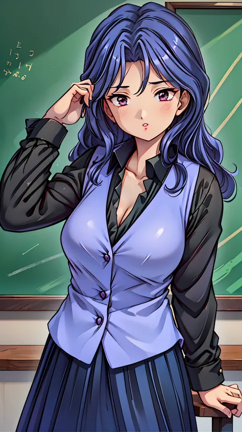 (super quality,super high resolution,16k,Super Masterpiece,Ultra HD ,detailed shading and background,)Sexy Female Teacher ,long black hair, long sleeve black shirt,Purple vest,The Valley of the Chest,cover,Open your lips a little,in front of the blackboard...