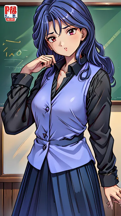 (super quality,super high resolution,16k,Super Masterpiece,Ultra HD ,detailed shading and background,)Sexy Female Teacher ,long black hair, long sleeve black shirt,Purple vest,The Valley of the Chest,cover,Open your lips a little,in front of the blackboard...