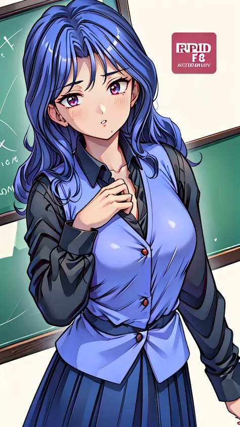 (super quality,super high resolution,16k,Super Masterpiece,Ultra HD ,detailed shading and background,)Sexy Female Teacher ,long black hair, long sleeve black shirt,Purple vest,The Valley of the Chest,cover,Open your lips a little,in front of the blackboard...
