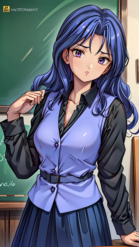 (super quality,super high resolution,16k,Super Masterpiece,Ultra HD ,detailed shading and background,)Sexy Female Teacher ,long black hair, long sleeve black shirt,Purple vest,The Valley of the Chest,cover,Open your lips a little,in front of the blackboard...