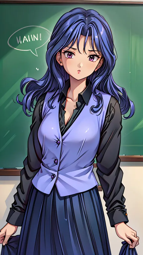 (super quality,super high resolution,16k,Super Masterpiece,Ultra HD ,detailed shading and background,)Sexy Female Teacher ,long black hair, long sleeve black shirt,Purple vest,The Valley of the Chest,cover,Open your lips a little,in front of the blackboard...